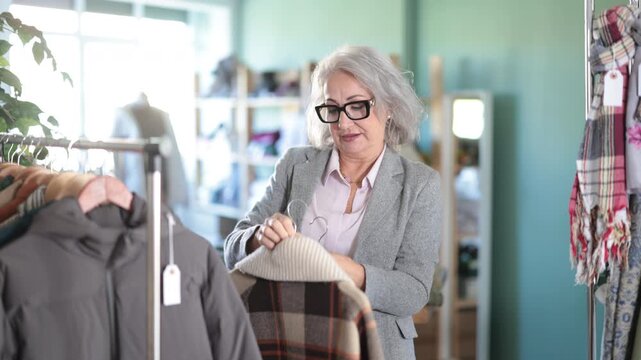Mature woman in glasses standing in clothing store near hangers, she carefully chooses jackets and coats. Elderly woman came to the store to buy warm outerwear. High quality 4k footage