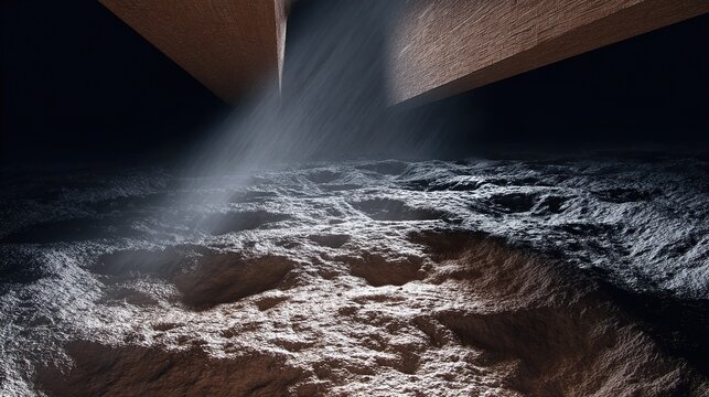 Lunar regolith transforming into geometric bricks under beams of concentrated sunlight.