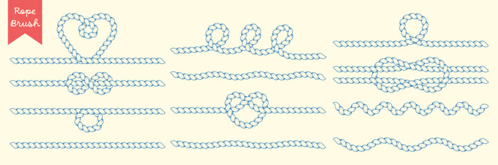 Hand drawn rope brush dividers. Twisted cord lines with knots, loops and heart shape. Nautical vector border elements © MandarinkaArt