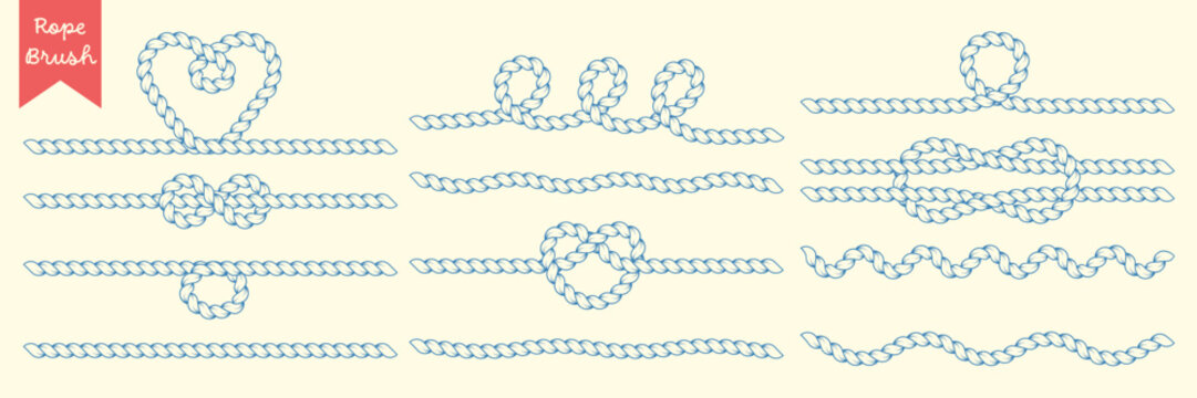 Hand drawn rope brush dividers. Twisted cord lines with knots, loops and heart shape. Nautical vector border elements