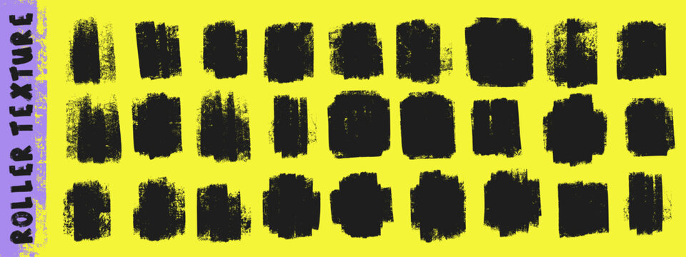 Grunge ink roller stamp texture set. Rough black brayer rectangles with dusty distress edges on yellow bg. Linocut print overlays.