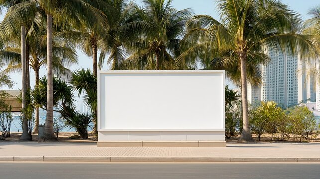Mockup blank billboard on sidewalk near tropical beach with palm trees. White empty board, modern city frame outdoor for advertisement. Template poster background. Urban screen commercial marketing 