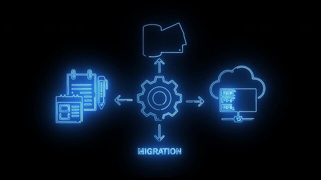 Neon-lit illustration of data migration process with glowing blue icons against a dark background.