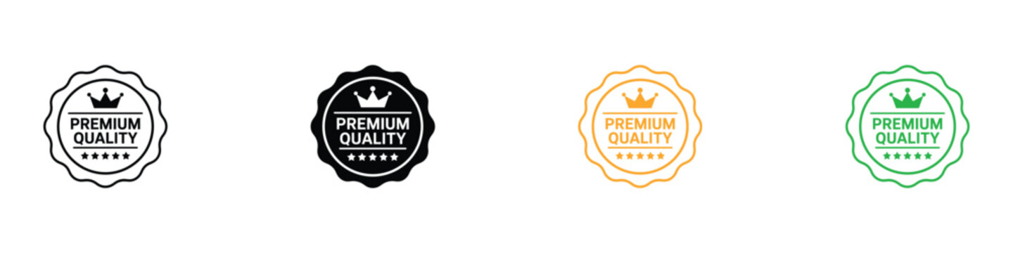 Premium quality guarantee seal icons. Vector badges with crown and five stars for product certification and luxury branding.
