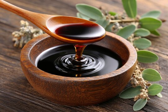 Molasses in wooden bowl with spoon.