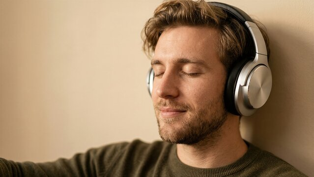 Caucasian man music listener with beard wearing headphones and relaxing against wall. Audio entertainment and peaceful lifestyle banner with copy space
