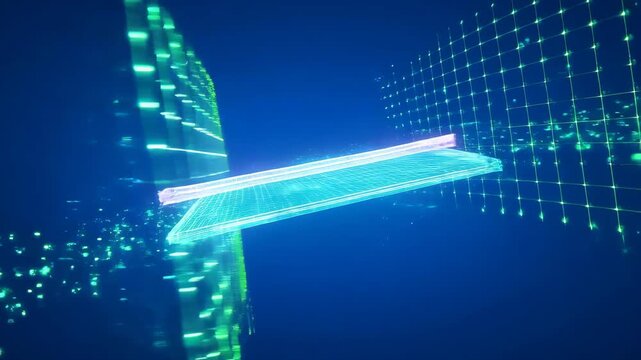 Futuristic abstract translucent digital layers and light grids forming and dissolving