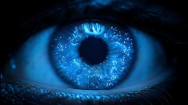 A close up of a human eye with blue light patterns emanating from the iris on a dark background