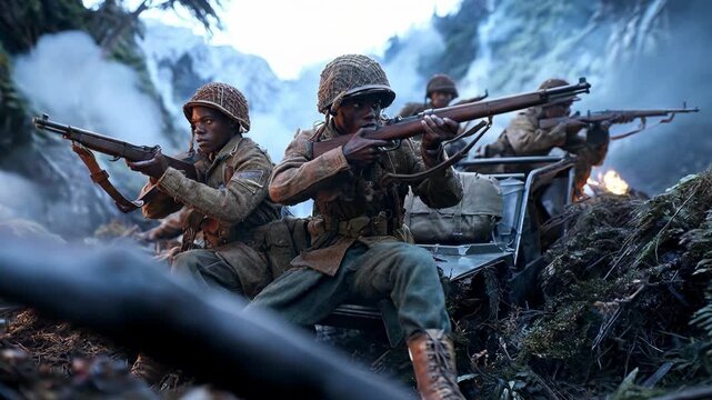 Infantry soldiers firing rifles from trench position during intense firefight capturing teamwork coordination and relentless pressure of battle