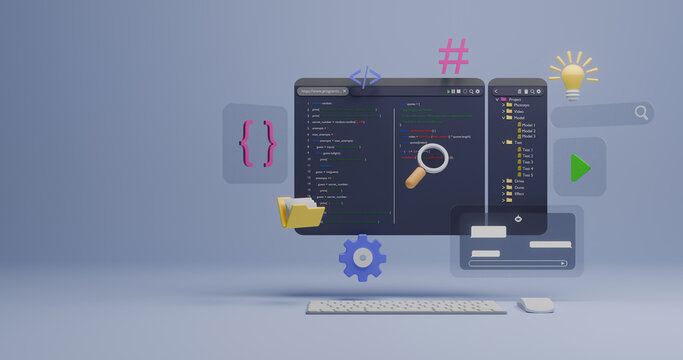 3D Rendering of Programmer Developing Software: Coding Script Languages, IT Technology Symbols, Data Engineering and Computer Programming Project