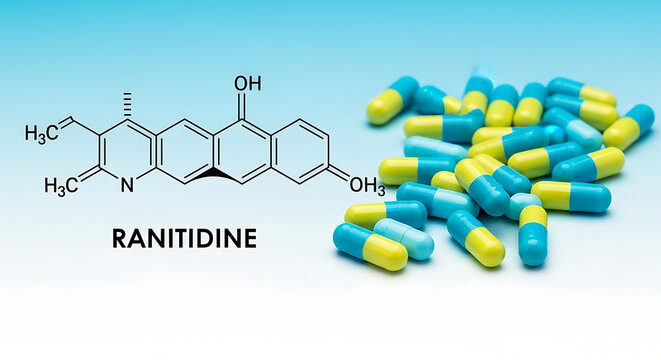 ranitidine medication capsules and chemical structure formula