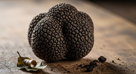 Obraz premium Closeup view of a black truffle on wooden board with leaf and soil, captured on a kitchen surface in natural daylight