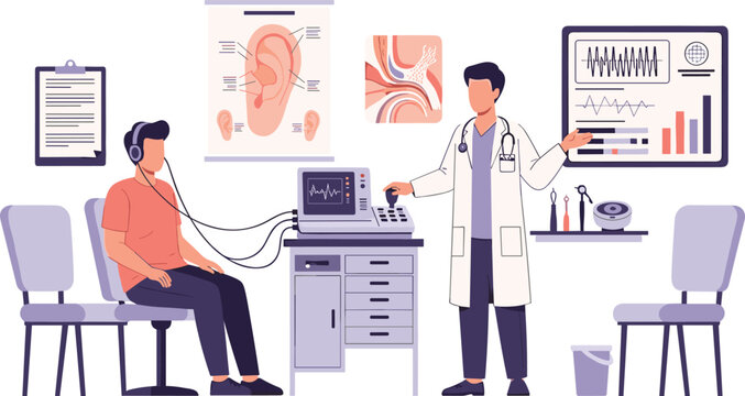 Hearing Test at Audiology Clinic with Doctor Using Audiometer to Examine Patient Hearing Healthcare Vector Illustration