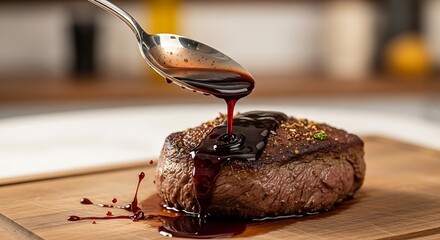 Fototapeta premium Drizzling rich sauce over a medium-rare steak on a wooden cutting board, captured from a close-up kitchen perspective