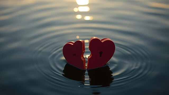 millenary. A broken heart-shaped lock floating on calm water, split in two pieces in soft morning light. wellbeing guides, coaching materials, designed for coaching and self-improvement content.