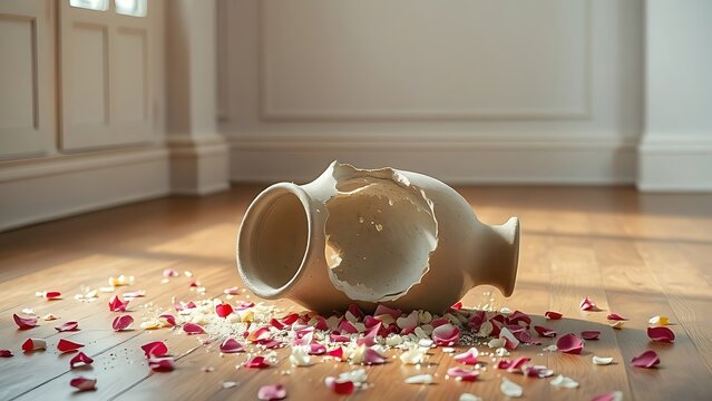 sedition. A shattered ceramic vase on a wooden floor with scattered flower petals in an empty room. wellbeing guides.
