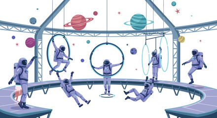 Astronaut Training in Space Station with Zero Gravity Exercises, Cosmic Gym Equipment and Planets Outer Space Vector Illustration © Minara