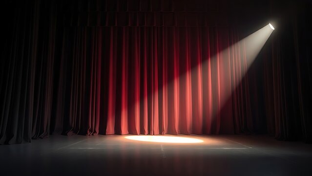 mortification. Theater curtain rises on an empty stage under a single dramatic spotlight. event programs, museum guides, designed for cultural heritage projects and event programs.