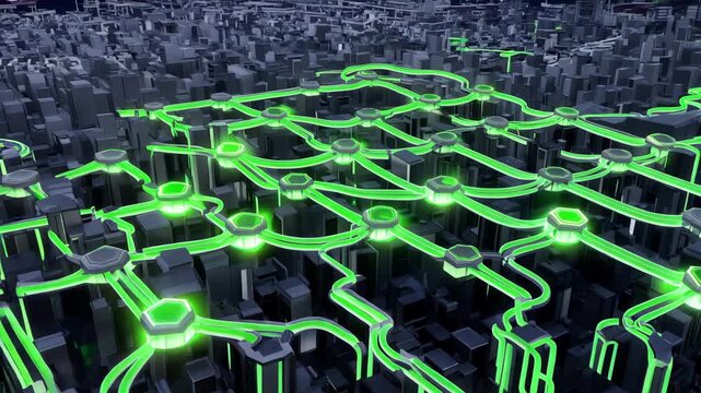 City power grid nodes lighting up green with renewable energy flow