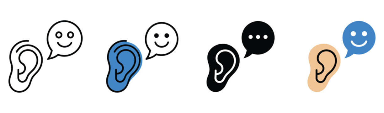 Active listening icon set, communication and understanding symbols showing listening, dialogue, feedback, and empathy