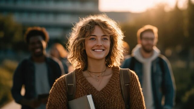 College Student's Dawn: A cheerful college student, book in hand, bathed in the golden hour's glow, smiles with pure anticipation of new beginnings, followed by a diverse group of other students.