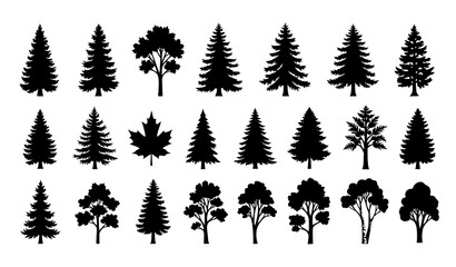 Fototapeta premium Forest Tree Silhouette Icon Set of 15 Black Nature Trees Vector Collection Isolated on White
