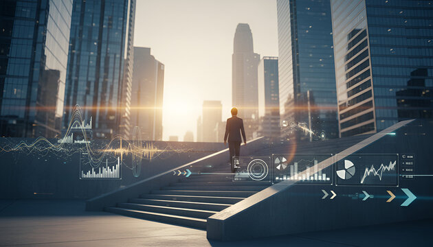 e: Futuristic City Skyline at Sunrise With Glowing Data Interface and Motion Blur Commuter
