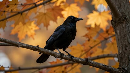 Obraz premium Black Crow Perched on a Tree Branch with Autumn Yellow Leaves in the Background