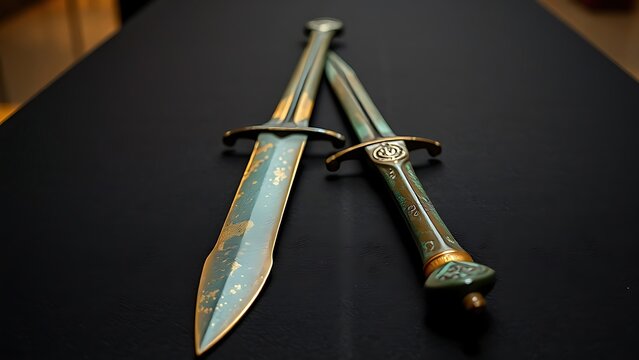 constancies. Two ancient bronze swords with complementary patina on a dark surface. event programs, museum guides, designed for cultural heritage projects and event programs.
