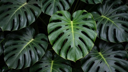 Fototapeta premium Close-up of Green Tropical Leaves with Deep Veins and Textures for Nature Backgrounds and Decor
