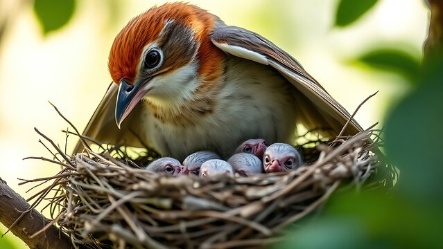 featherless. A mother bird with her wings spread, sheltering her baby birds. wildlife magazines, conservation campaigns, designed for wildlife conservation campaigns, used by presentation designers.