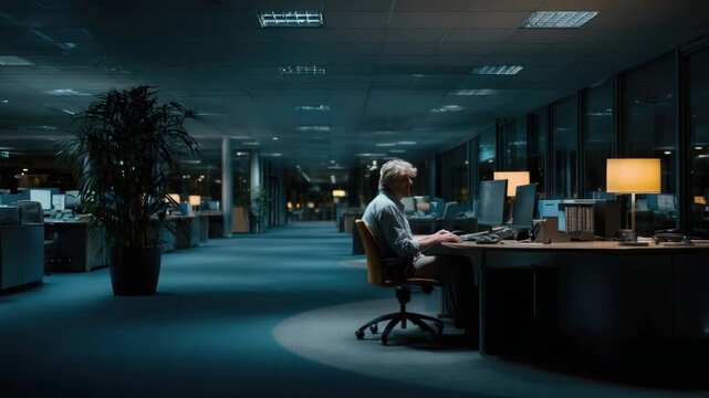 Midnight Office Solitude: A solitary figure, illuminated by the soft glow of a desk lamp, finds focus in the hushed ambiance of an office at night. 