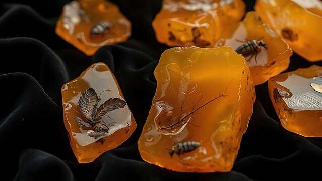 copal. Several raw amber copal resin pieces on black velvet with ancient inclusions. gardening catalogs, home-decor guides, designed for home decor and floral branding, used by video editors.