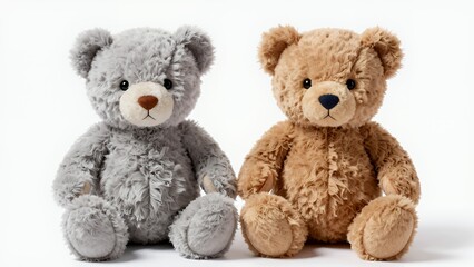 Fototapeta premium Cute Fluffy Teddy Bears in Brown and Gray Sitting Side by Side on a White Background