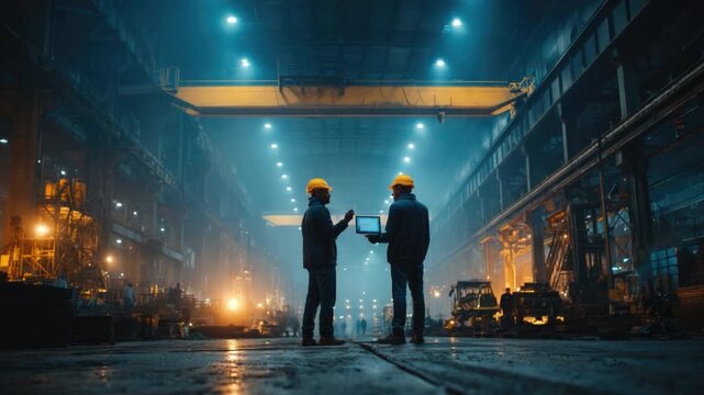Industrial Collaboration: Two figures, clad in safety attire, engage in collaborative discussion amidst a vast industrial plant, highlighting the essence of teamwork and technical expertise. 