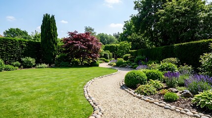 Obraz premium serene garden landscape with gravel path and manicured lawn