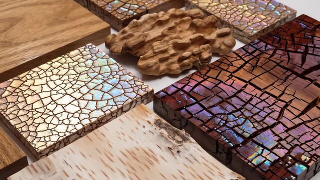 Close-Up of Various Wood Samples and Textured Materials Arranged on a White Surface