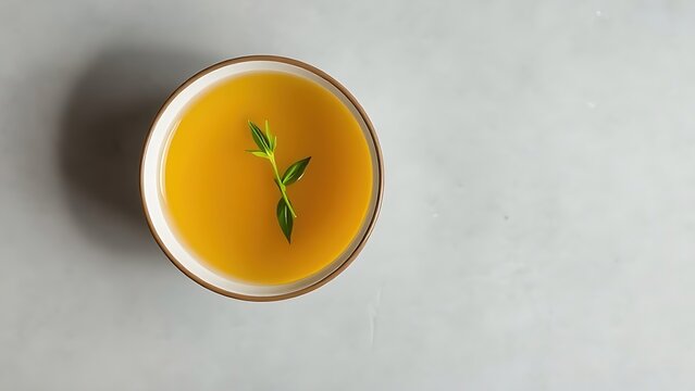 probity. A single bowl of golden consomme with a delicate herb leaf, minimalist and pure. menu design, packaging mockups, designed for food delivery and cloud-kitchen brand materials.