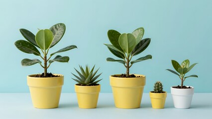 Obraz premium Five Potted Houseplants of Varying Sizes on a Light Blue Background for Decorative Use