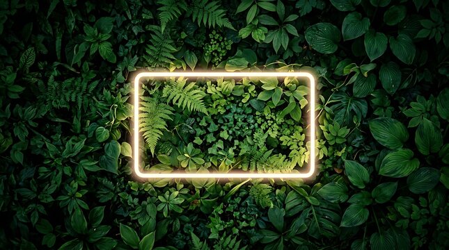 Green leaves background with neon rectangle frame, foliage wall