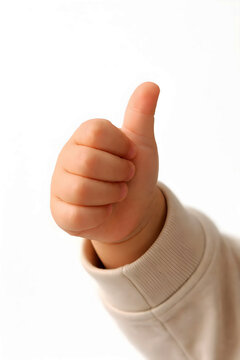 Close-up of Baby Hand Giving Thumbs Up Gesture Isolated on White Background