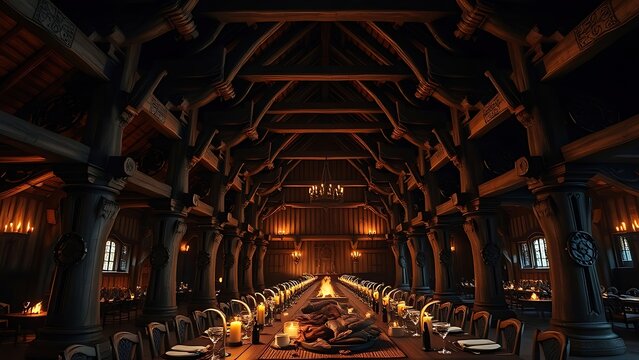 longhouse. Interior of a Viking longhouse with carved pillars and a table set for a feast. event programs, museum guides, designed for cultural heritage projects and event programs.