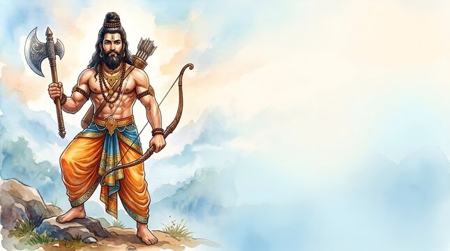 Watercolor illustration of lord parshuram with axe and bow for parshuram jayanti.