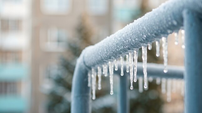 Icicles hanging from a frosted metal railing with blurred residential buildings and evergreen trees in the background during winter season