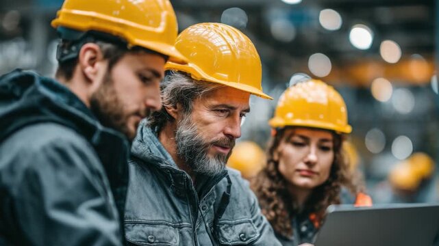 Factory Workers Reviewing Blueprint: A group of diligent factory workers wearing protective yellow hard hats engrossed in reviewing a blueprint on a laptop, their focus and expertise illuminated.