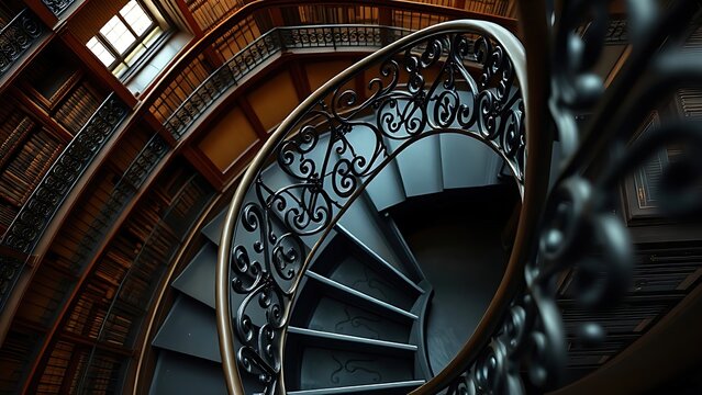 telex. Close-up of an ornate wrought-iron spiral staircase in an old library, leading upwards with soft light. real-estate listings.