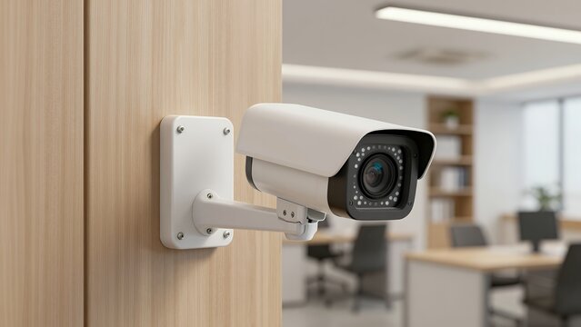Modern Office Security Camera Mounted on the Wall in a Professional Workspace Environment