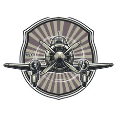 Vintage usa airplane emblem with propeller and shield background © ABULSTOCK