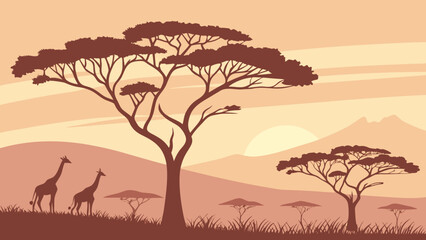 Sunset Savanna Landscape with Acacia Trees Vector