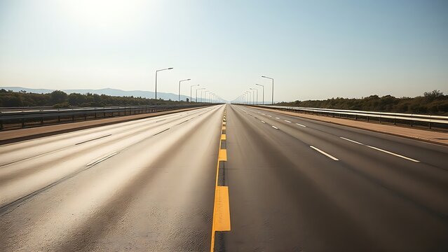 retroreflective. A wide highway with a prominent yellow double solid line extending to the horizon. mobility guides, transit brochures, designed for transport & logistics marketing.